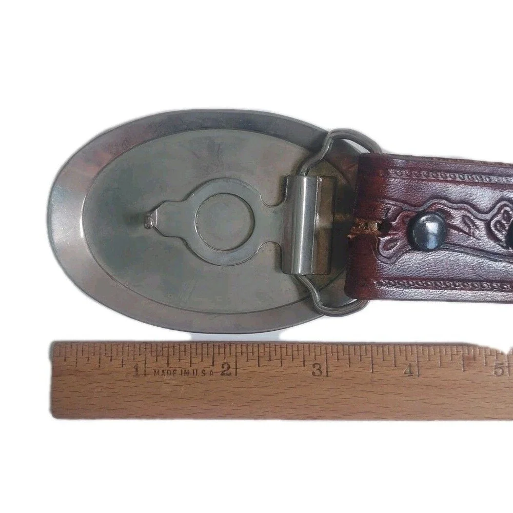 VINTAGE AUTOCAR HOOD ORNAMENT TRUCK BELT BUCKLE & Western Tooled BELT Size 34